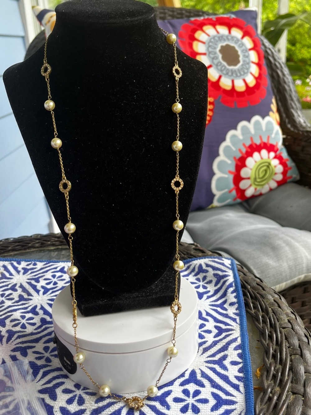 J. Crew Circle rhinestones & faux pearl station necklace 31"